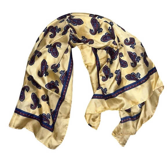 Silk Scarf Made in Italy Yellow with Blue Paisley 30x30 - Picture 1 of 9
